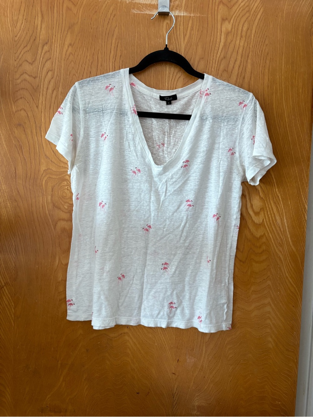Rails White Short Sleeve V-Neck Tee with Pink Flamingo Print tee S